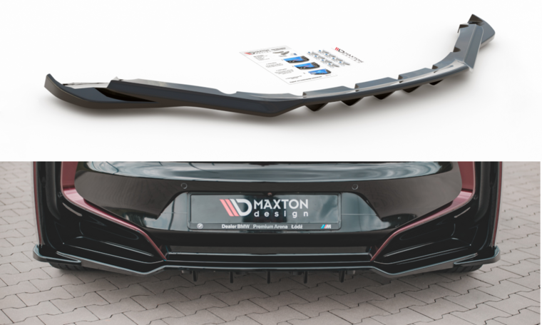 Maxton Design splitter met vinnen achter glanzend zwart BMW I8