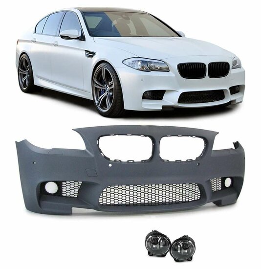 EVO look voorbumper met mistlampen passend voor BMW 5 serie F10 en F11 met pdc en koplampreiniging
