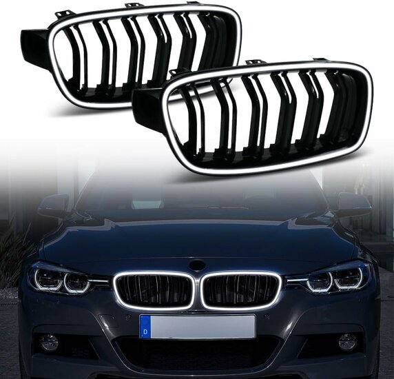 Glanzend zwarte nieren dubbelspijls met verlichting passend voor BMW 3 serie F30 en F31 model 2012 - 2019