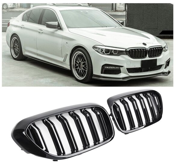 Dubbelspijls grillen glanzend zwart passend voor BMW 5 serie G30 en G31 model 2017 - 2020