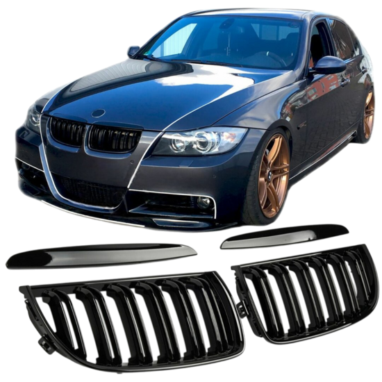 Dubbelspijls glanzend zwarte grillen passend voor BMW 3 serie E90 en E91 model 2005 - 2008