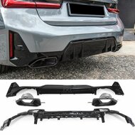 Glanzend zwarte performance look diffuser inclusief sierstukken passend voor BMW 3 serie G20 LCI M340i en G21 LCI M340i model vanaf 2022 met M pakket achterbumper
