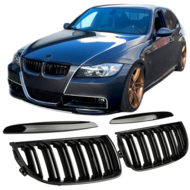 Dubbelspijls glanzend zwarte grillen passend voor BMW 3 serie E90 en E91 model 2005 - 2008