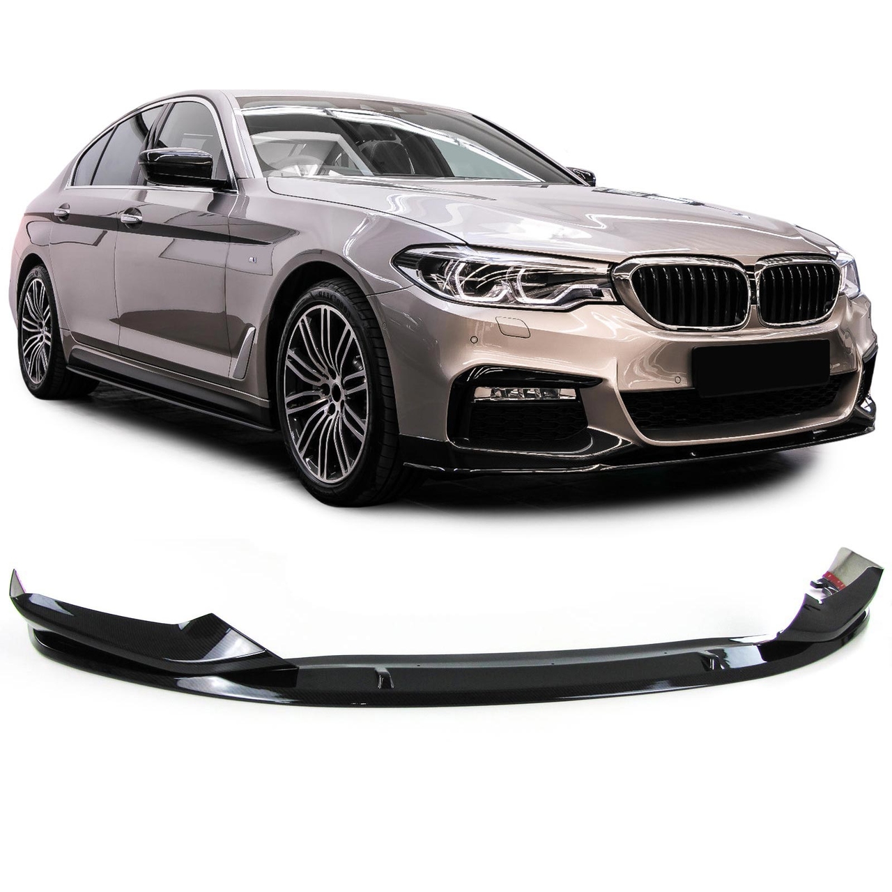 Front spoiler performance look carbon look passend voor BMW 5 serie G30 en G31 model 2017 - 2020 met M pakket voorbumper