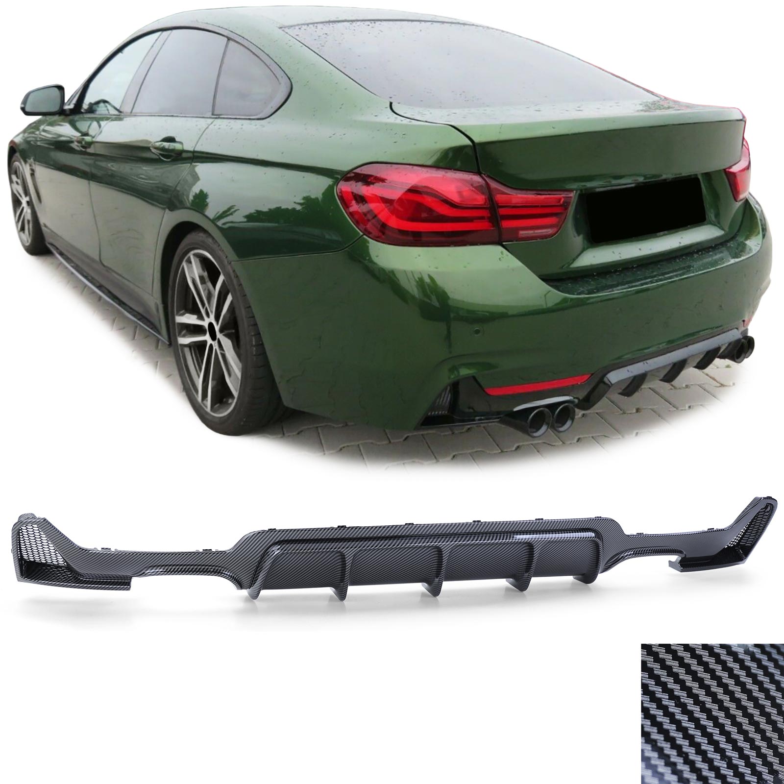 Performance look diffuser carbon look passend voor BMW 4 serie F32, F33 en F36 vier uitlaten met M pakket achterbumper