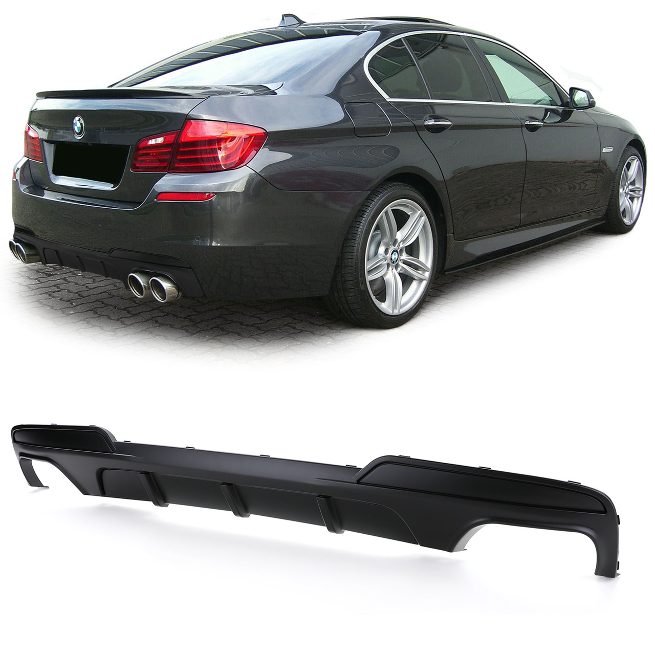 Performance look diffuser vier uitlaten mat zwart passend voor BMW 5 serie F10 en F11 met M pakket achterbumper
