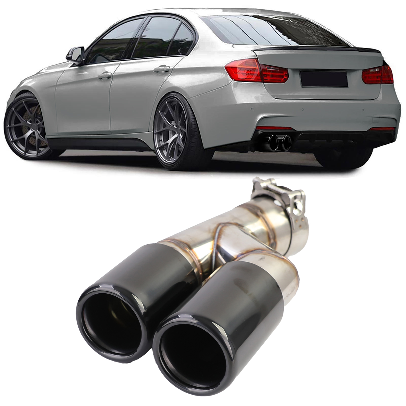 Sierstuk dubbele pijp glanzend zwart passend voor BMW 3 serie F30 en F31