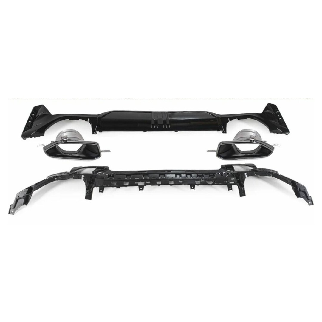 Glanzend zwarte performance look diffuser inclusief glanzend zwarte sierstukken passend voor BMW 3 serie G20 LCI M340i en G21 LCI model vanaf 2022 met M pakket achterbumper
