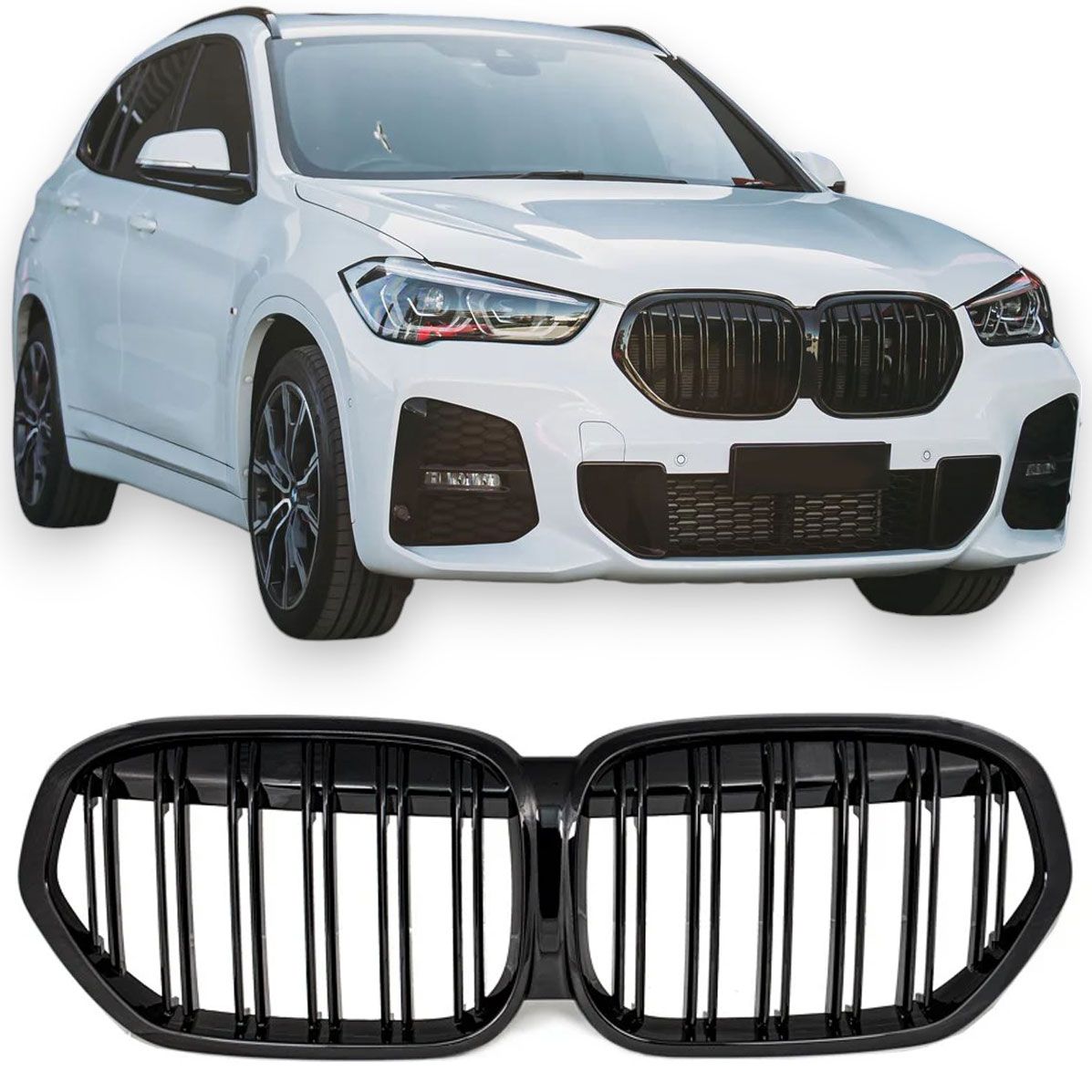 Glanzend zwarte grillen dubbelspijls passend voor BMW X1 F48 LCI model 2019 - 2022