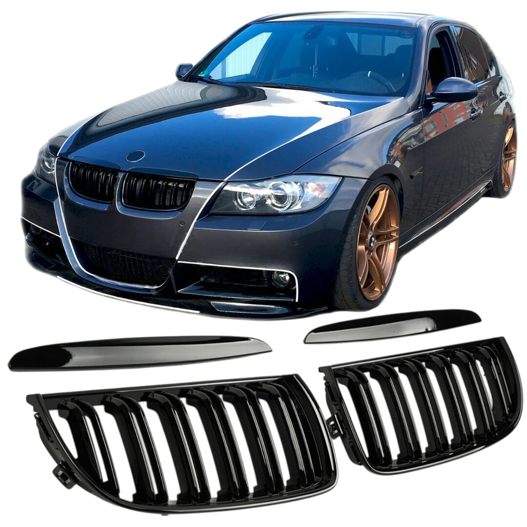 Dubbelspijls glanzend zwarte grillen passend voor BMW 3 serie E90 en E91 model 2005 - 2008