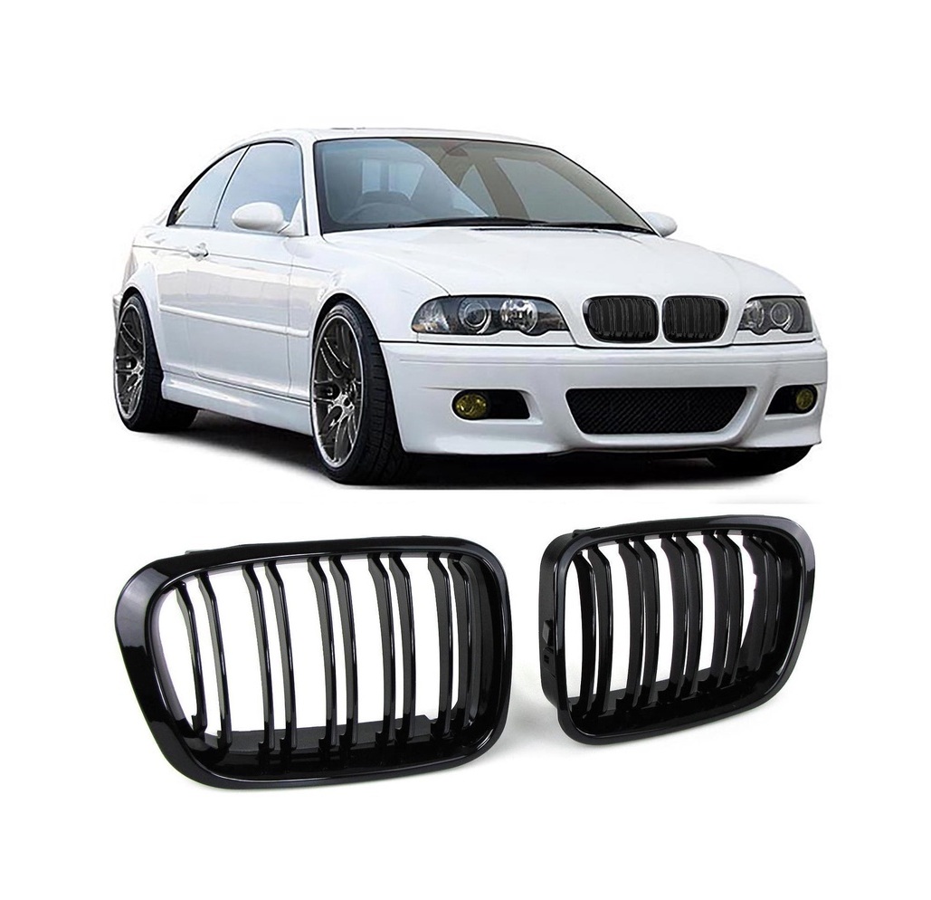 Glanzend zwarte dubbelspijls grillen passend voor BMW 3 serie E46 coupe en cabrio model 1999 - 2003 en M3 E46