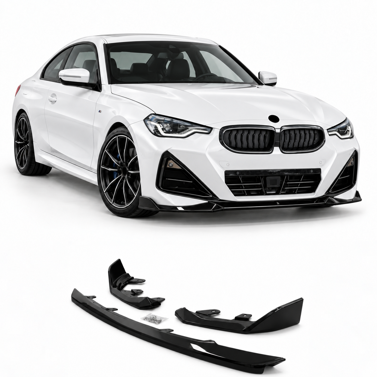 Glanzend zwarte frontlip performance look passend voor BMW 2 serie G42 met M pakket voorbumper