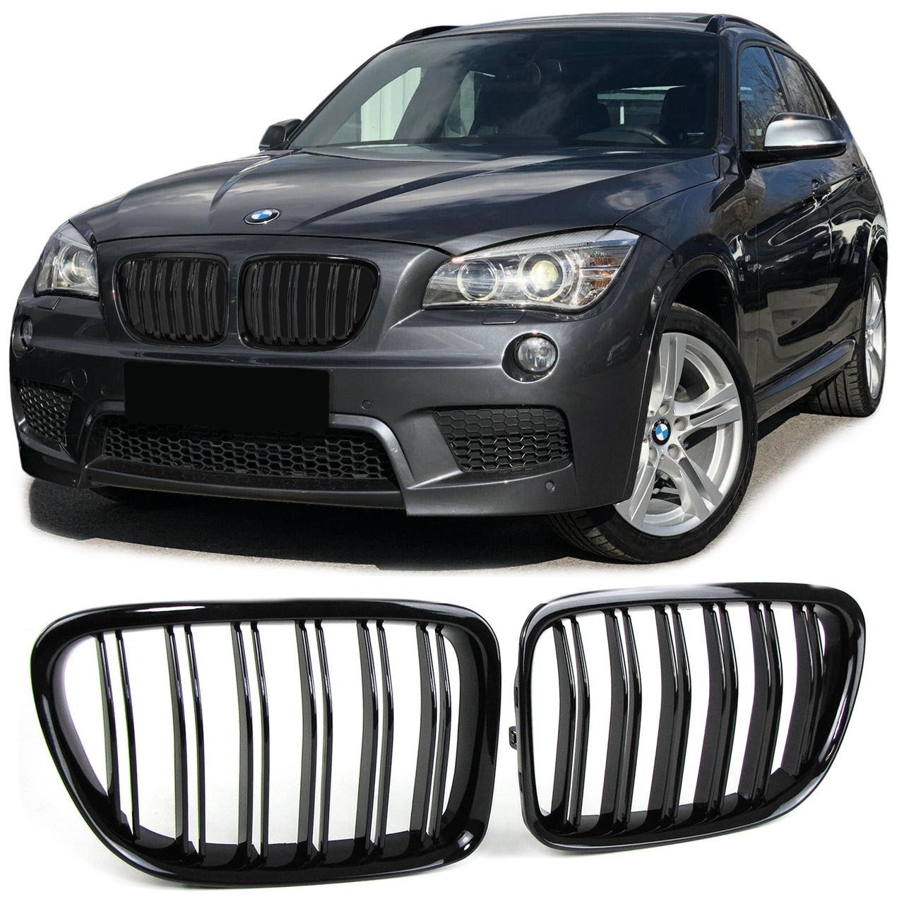 Dubbelspijls grillen glanzend zwart passend voor BMW X1 E84