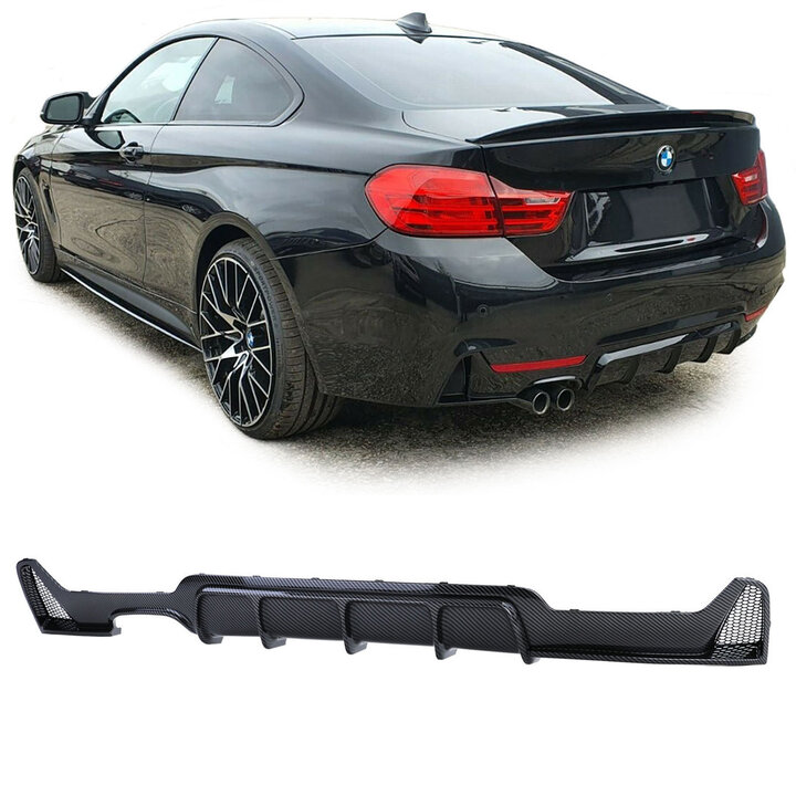 Performance look diffuser carbon look uitlaat dubbel links passend voor BMW 4 serie F32, F33 en F36 met M pakket achterbumper
