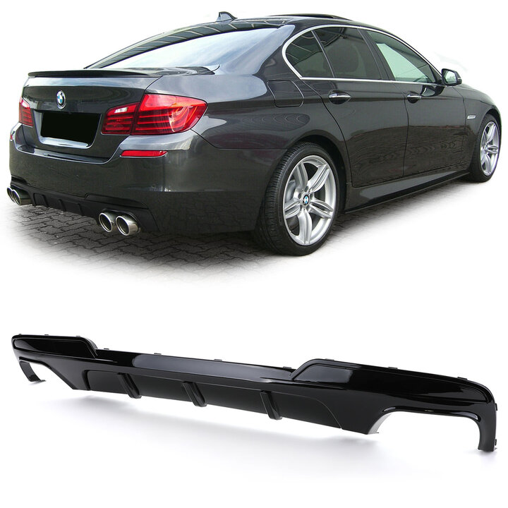 Performance look diffuser glanzend zwart vier uitlaten passend voor BMW 5 serie F10 en F11 met M pakket achterbumper