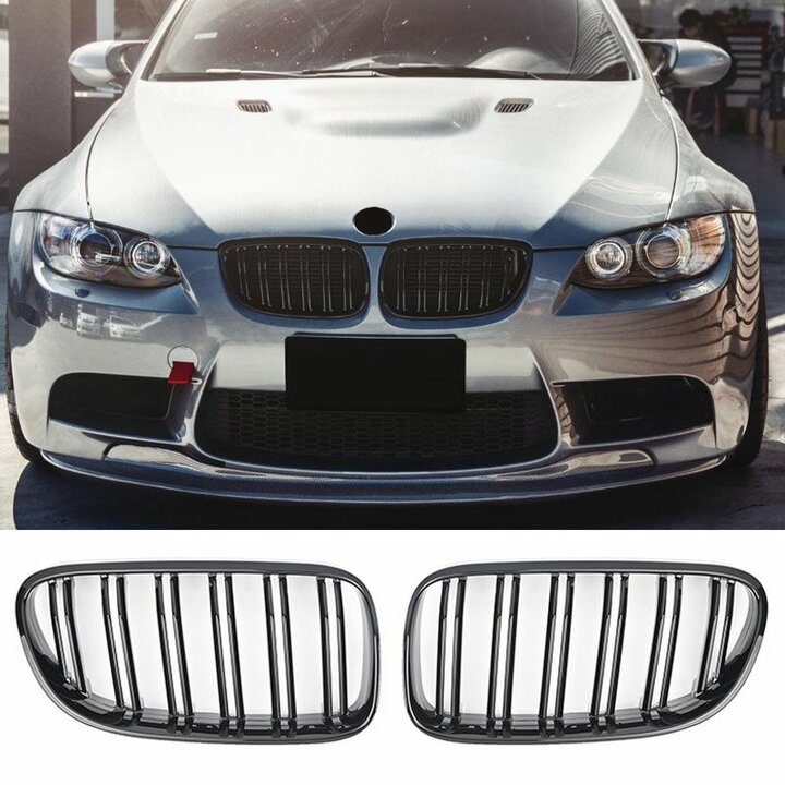 Dubbelspijls glanzend zwarte grillen passend voor BMW 3 serie E92 LCI en E93 LCI model 2010 - 2013