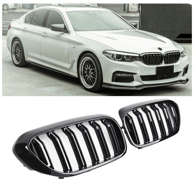 Dubbelspijls grillen glanzend zwart passend voor BMW 5 serie G30 en G31 model 2017 - 2020