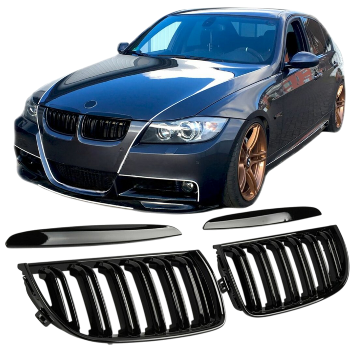 Dubbelspijls glanzend zwarte grillen passend voor BMW 3 serie E90 en E91 model 2005 - 2008