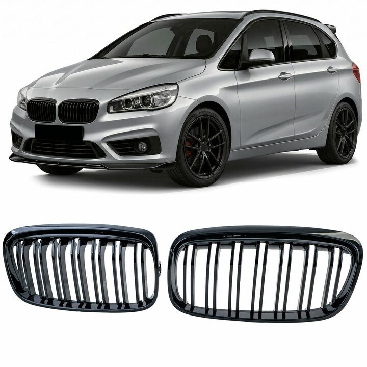 Dubbelspijls grillen hoogglans zwart passend voor BMW 2 serie F45 model 2015 - 2018